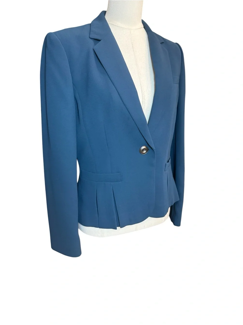Calvin Klein Blue Pleated Peplum One Button Tailored Blazer Jacket Size 8